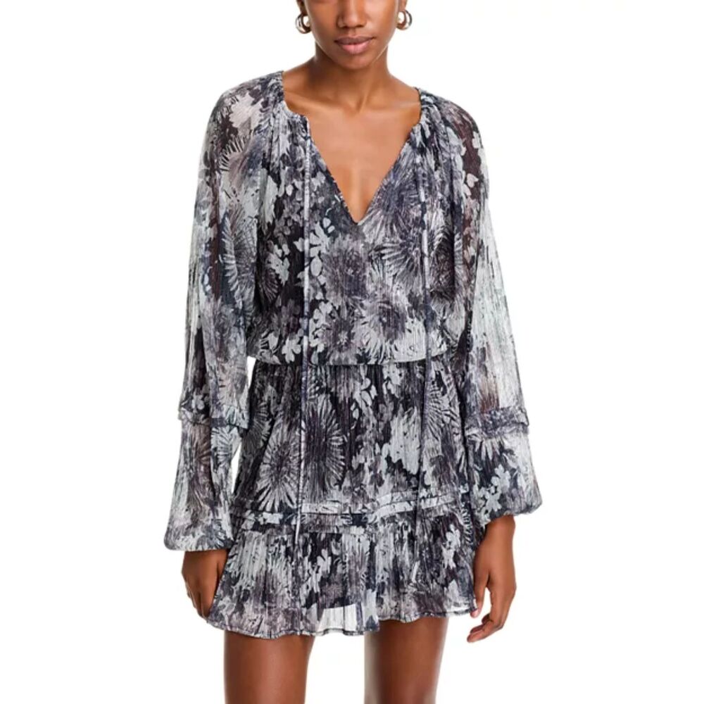 Ramy Brook Metallic Floral Plisse Long Sleeve Mini Dress XS